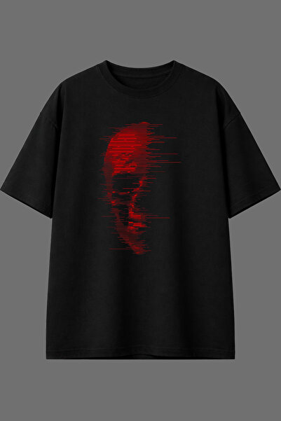VSRN Tricou oversize negru cu imprimeu frontal cu design cu schelet roșu