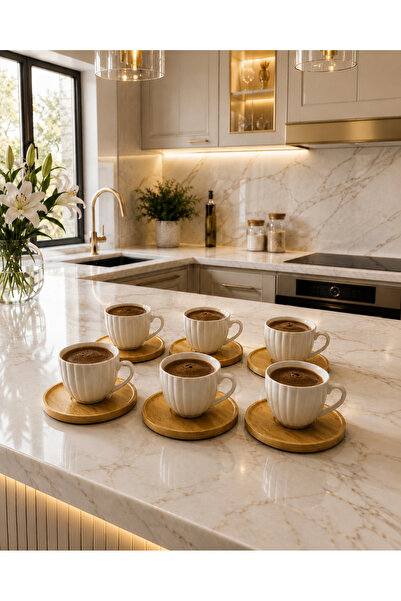 LUCKY CLOVER Porcelain Double Turkish Coffee Cup Set, 6-Piece Set with Bamboo...
