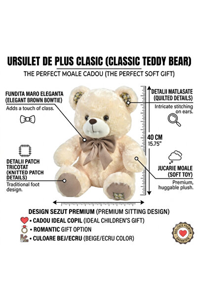 HYVESTO Ursulet de Plus Clasic, Inaltime 40 cm, Culoare Bej/Ecru, Fundita Mar...