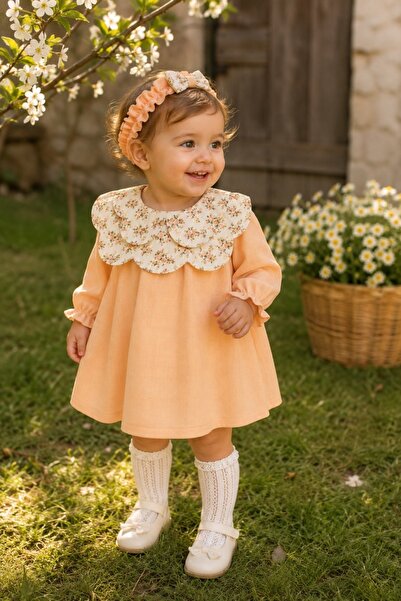 Pure Boutique Rochie bebe fetita din muselina piersica cu bentita si guler fl...
