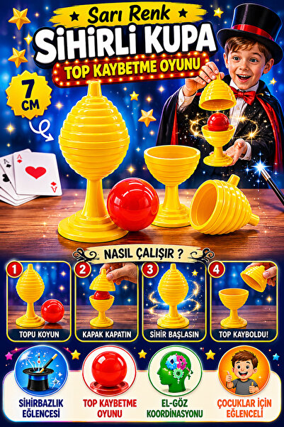 Tamsena Store Sarı Renk Sihirli Kupa Top Kaybetme Oyunu Sihirbazlık Seti 7 CM