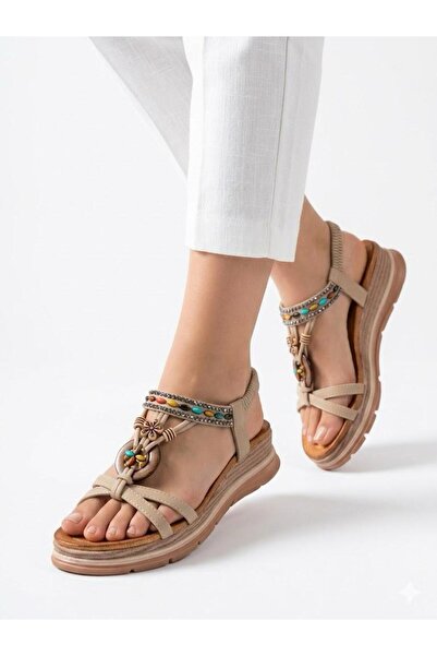Lütfi Women's Full Orthopedic Soft Sole Rubber Detailed Stone Decorated Sandals