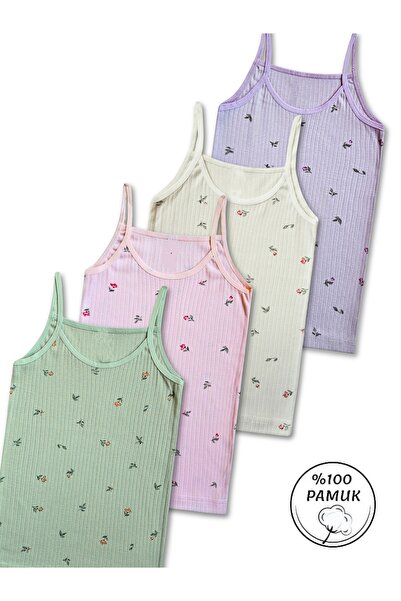 Panfilia 100% Cotton Girls' Floral Patterned Thin Strap Undershirt Set of 4 /...