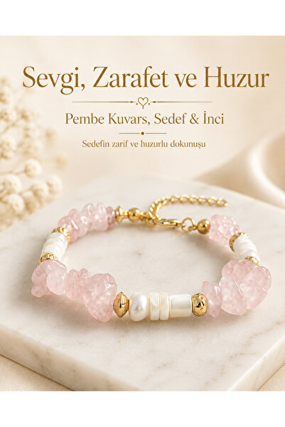 Zokak Pembe Kuvars İnci Doğal Taş Kadın Bileklik Gold Detaylı Ayarlanabilir H...
