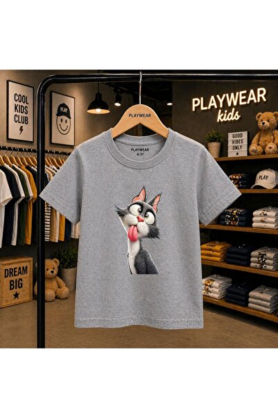 playwear Cat with Tongue Out Printed 100% Children's Unisex T-Shirt 5 6 -7 8-...