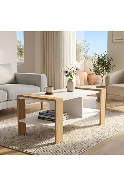Ysf Ravonihome Meşe Beyaz Raflı Fonksiyonel Orta Sehpa 90 cm