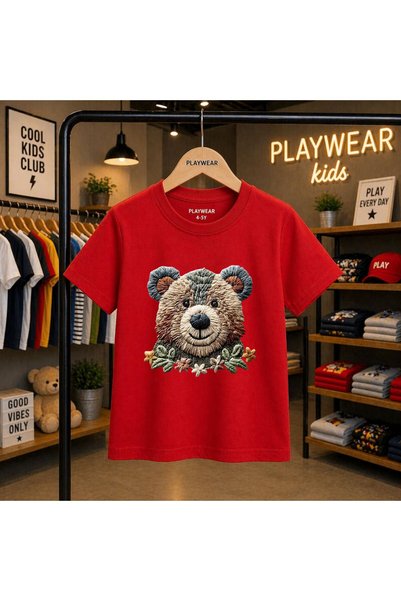 playwear Плетена тениска с мече и сладък принт, 100% детска унисекс тениска з...
