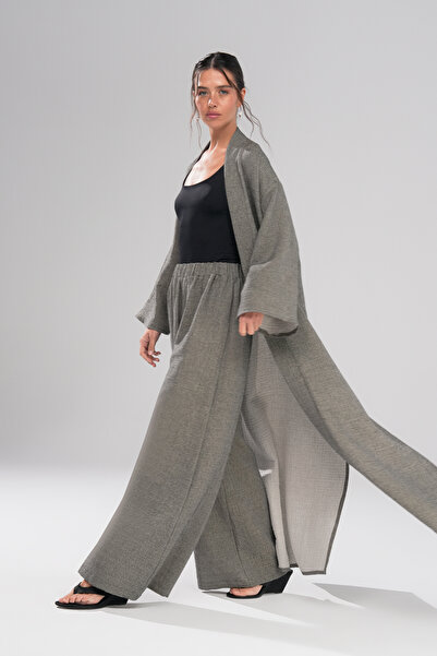 tugfashion Flow Pantolon Kimono Parıltılı Takım Gri SM