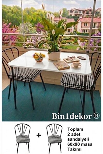 Bin1dekor 60x90 metal ayaklı 2 sandalyeli yemek, balkon ve mutfak masa takımı