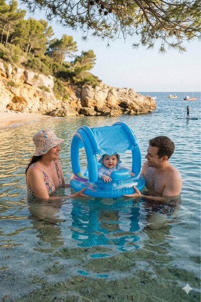 BBYTOYS Yuvarlak Gölgelikli Bebek Simidi – Oturaklı Bebek Deniz ve Havuz Simidi