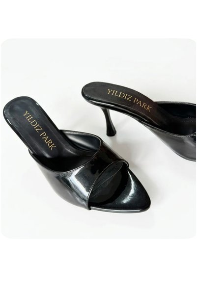 yıldızpark Black Patent Leather 7 cm Women's Heeled Slippers