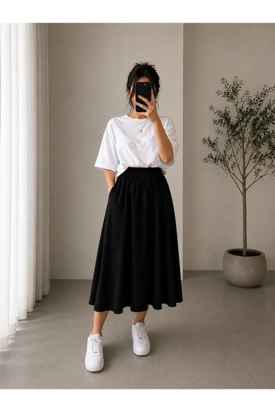 Heyya Women's Black Skirt with Elastic Waist and Pockets