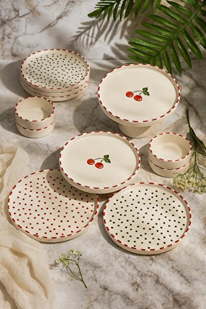 NESS HOME 11 Parça 6 Kişilik Cherry Stackable Kahvaltı Takımı - Kirazlı Kahva...