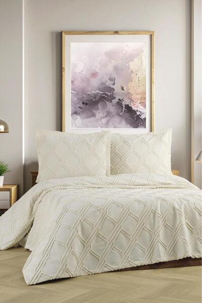 Çeyiz Diyarı Set cuvertură dublă Mila cu model chenille 240x260 cm crem