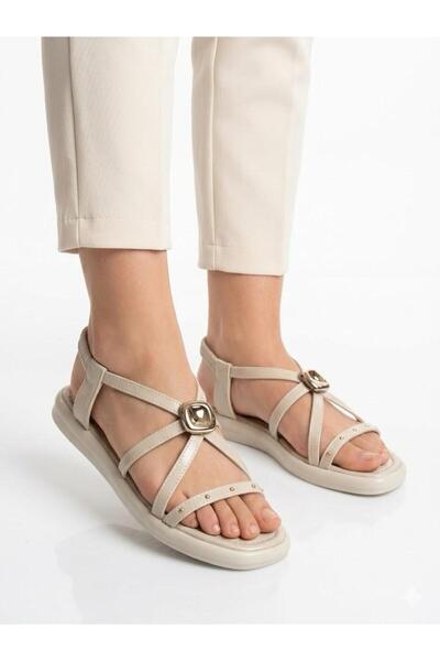 Lütfi Women's Beige Gold Buckle Detailed Soft Sole Casual Sandals