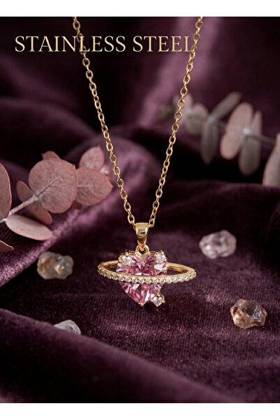 stainless steell 316L Steel Gold Color Chain Pink Crystal Heart Model Zircon ...