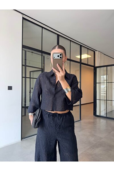 BB Bensu Buyruk SET CĂMAȘĂ ȘI PANTALONI CROPPED CU BRODERIE NEGRU