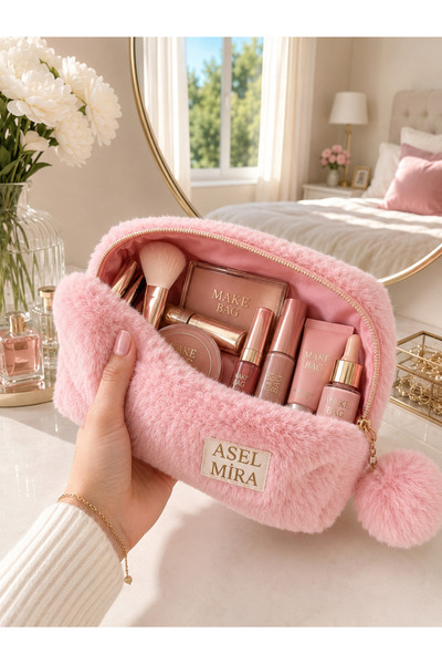 MAKE BAG KİŞİYE ÖZEL PEMPE PELUŞ PONPONLU MAKYAJ ÇANTASI (İSİM İÇİN MESAJ ATA...