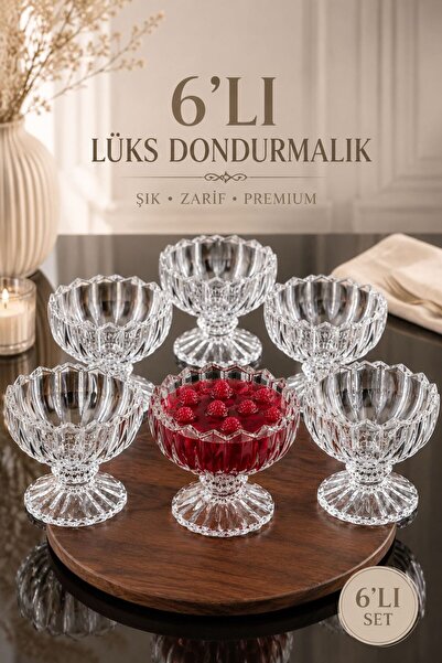 KaraWent Home 6’lı Ayaklı Lüks Dondurmalık Sunumluk Kristal Görünümlü Cam Tat...