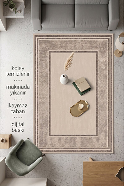 Estiva Home Çerçeveli Krem Desenli Dijital Kaymaz Pamuk Taban Yıkanabilir Toz...