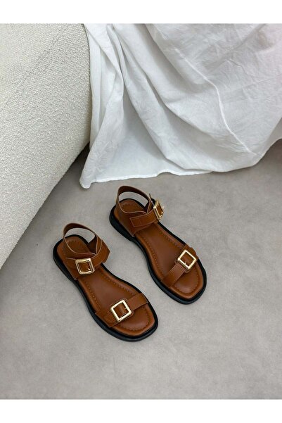 ERVANIN BUTİĞİ Tan Skin (Ossey) Double Buckle Gold Detail Women's Sandals