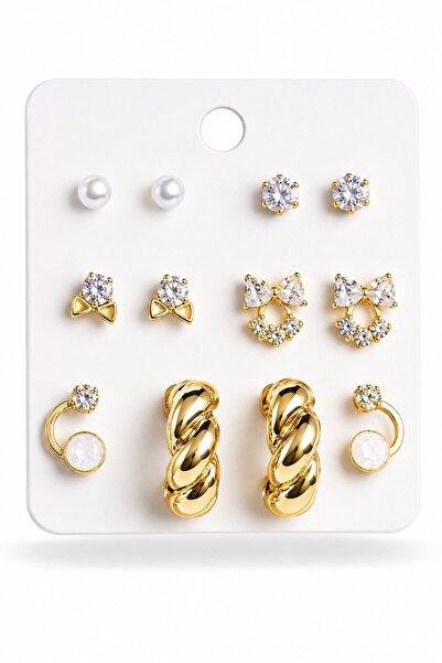 serelya Brass Gold Color Zircon Stone Spiral Hoop Model 7 Piece Women's Earri...