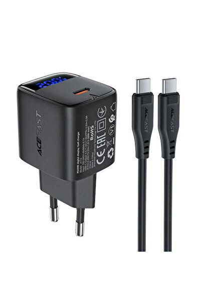 Acefast Φορτιστής GaN με Θύρα USB-C και Καλώδιο USB-C σε USB-C Μαύρο (A113)