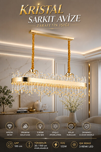 Elvora Home Modern (PREMIUM) Gold Kristal Sarkıt Avize 3 Renk LED Aydınlatma ...