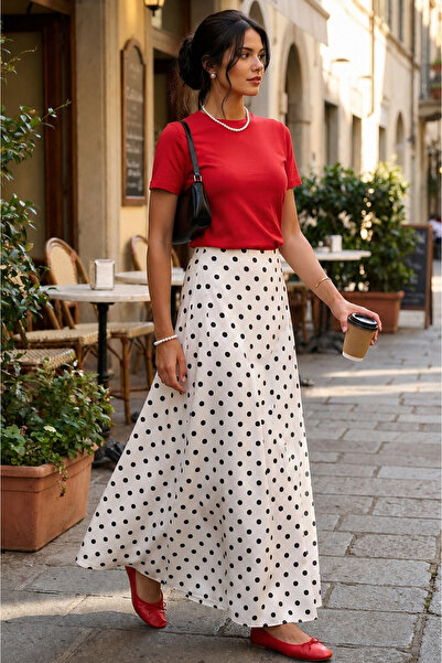 Seeh White Polka Dot Maxi Women's Satin Skirt Sh385