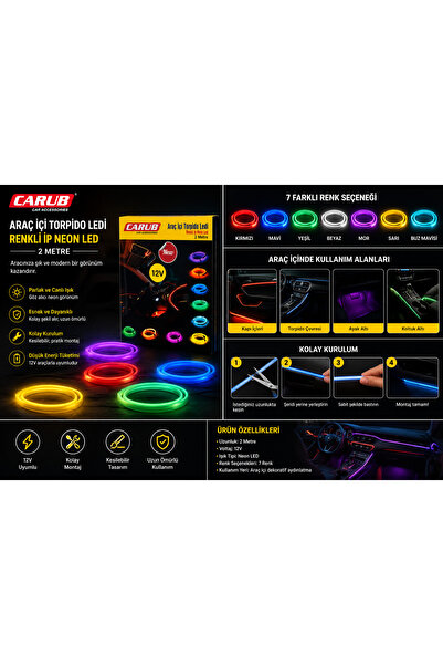 Carub Araç İçi Torpido Ledi 2 Metre Neon Şerit LED 12V Renkli Ambiyans Aydınl...
