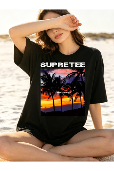 Fleck Womens T Shirts Supretee Sunset Palm Tree Graphic Oversized Casual Summ...