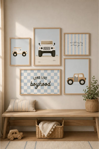 Artiera Set de 5 tablouri înrămate cu tematică auto pentru camera bebelușilor...