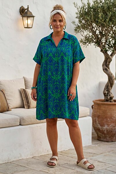 Chiccy Blue-Green Shirt Collar Short Sleeve Patterned Casual Viscose Woven Dr...