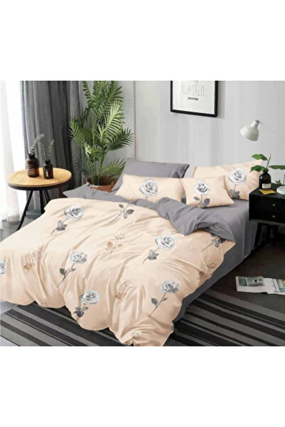 Sky Home Set de lenjerie de pat Finet 6 piese, Pucioasa, Crem cu trandafiri g...