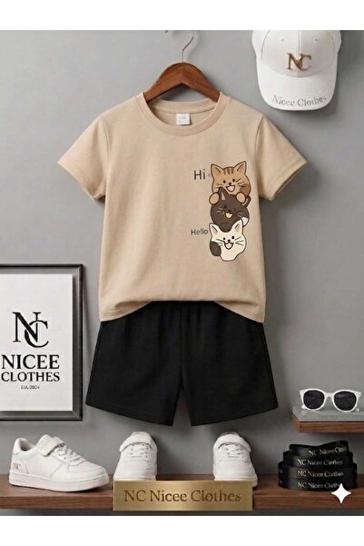 NC Nicee Clothes Summer Children's T-Shirt Shorts Unisex (Vertical Three Cats)