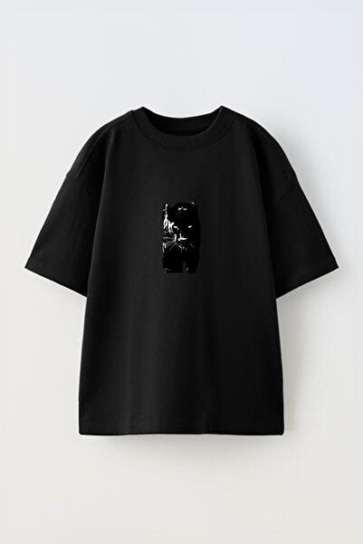 Anetos Tricou oversize negru din bumbac cu imprimeu frontal Black Panther Design