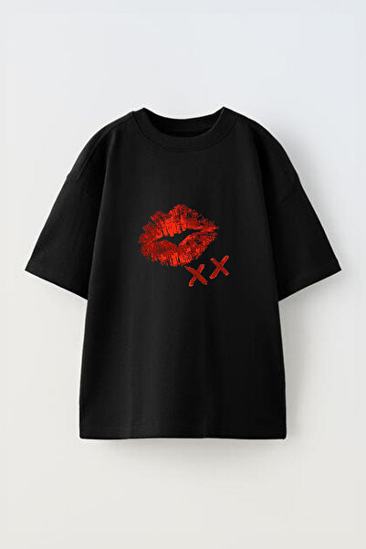 Anetos Tricou oversize negru din bumbac cu imprimeu frontal Lip Print XX Design