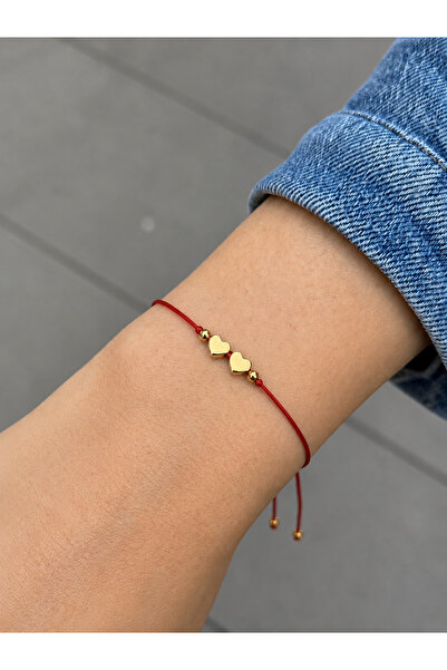 Femenino Minimal Chance Bracelet with Two Heart Figures, Gold Detailed, Adjus...