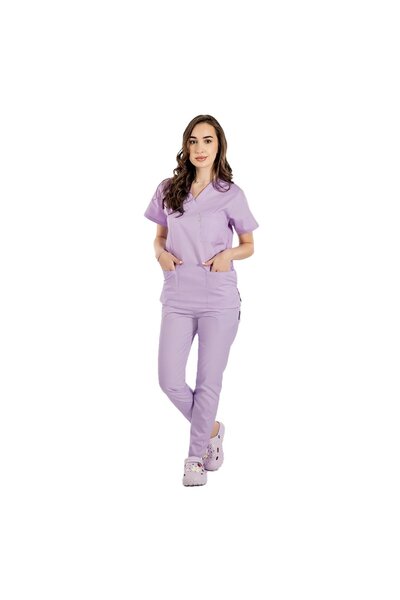 RUNI Lilac medical suit, V-neck blouse, three pockets and Stretchy trousers