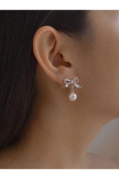 Markiz Takı Silver Color Pearl and Ribbon Earrings Pair 3 cm