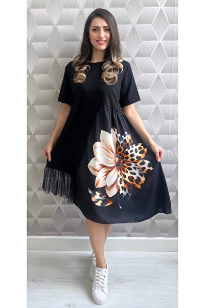 styleFlex Asymmetrical Cotton Dress with Oversized Floral Printed and Tulle R...