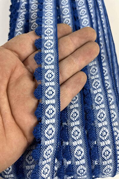 Hobigram Saks Mavi Bohemora Etnik Desenli Dokuma Şerit – Püsküllü Dekoratif K...
