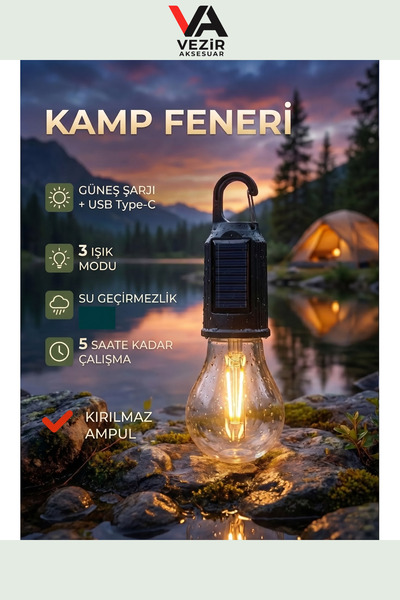 Vezir Aksesuar Solar Şarjlı Retro Kamp Lambası | USB Type-C, 3 Modlu LED Camp...