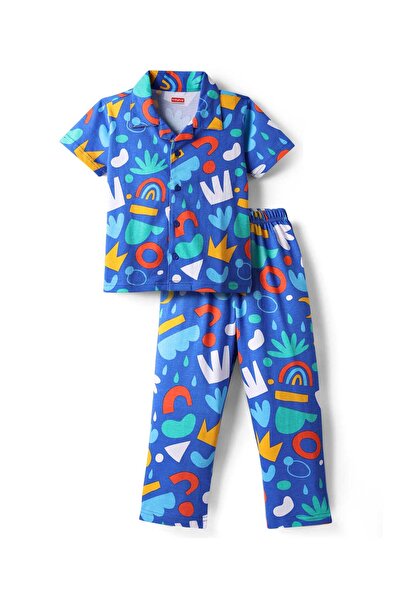 Babyhug Cotton Knit Half Sleeves Rainbow Printed Nightsuit - Blue