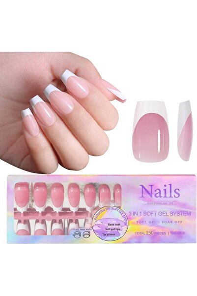 Arabest 150-Piece French Gel Nail Tips,Press On,Long Square Pink,3-in-1,File-...