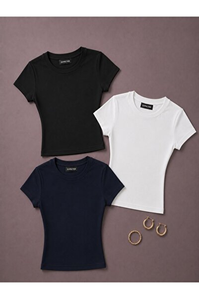 EXPECTED Tricou pentru femei, negru, alb, bleumarin, din jerseu, slim fit, 3 ...