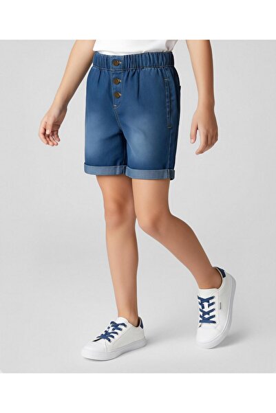 Pine kids Cotton Elastane Woven Above Knee Length Solid Denim Shorts - Blue