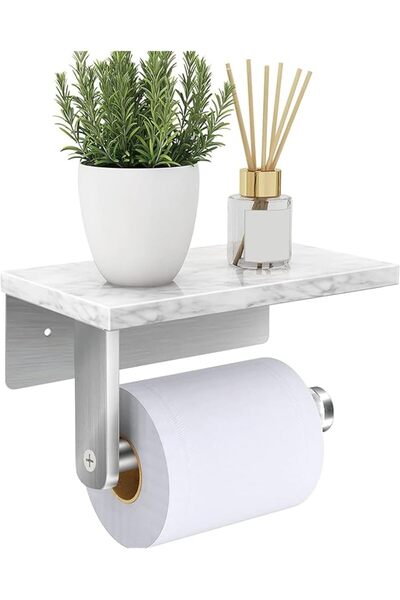 The Bros Wall-Mounted Toilet Paper Holder with Marble Shelf - Brushed Nickel ...