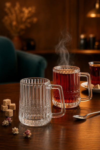 Gülümseten Avm Set of 6 Glass Mugs |   Striped Transparent Tea and Coffee Cup...