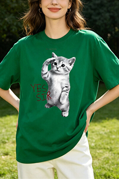 Fleck Womens T Shirts Cat Saluting Yes Sir Graphic Print Casual Oversized Style